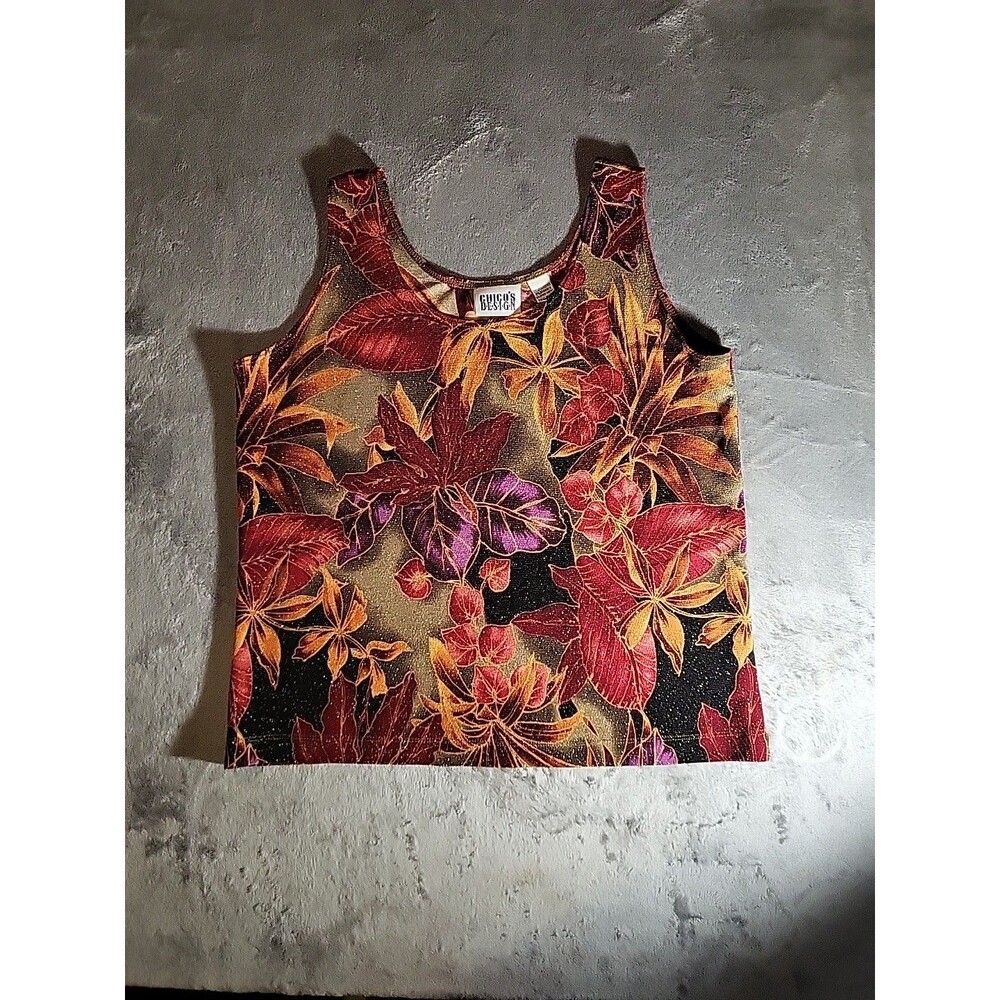 Chico Design Fall Floral Leaf  Tank Top Womens Size 2 Sparkle Button Up Unlined
